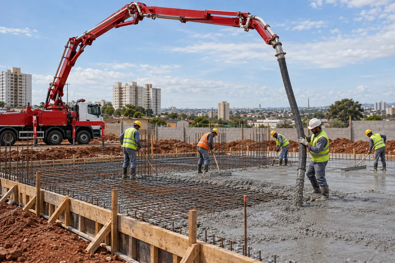 Bombeamento de concreto em obra no Distrito Federal